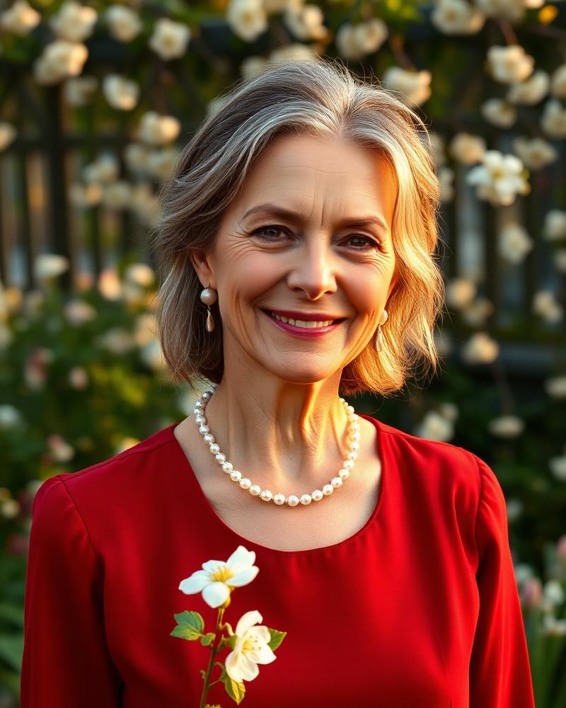 Johanna 60 år i röd klänning bland blommor